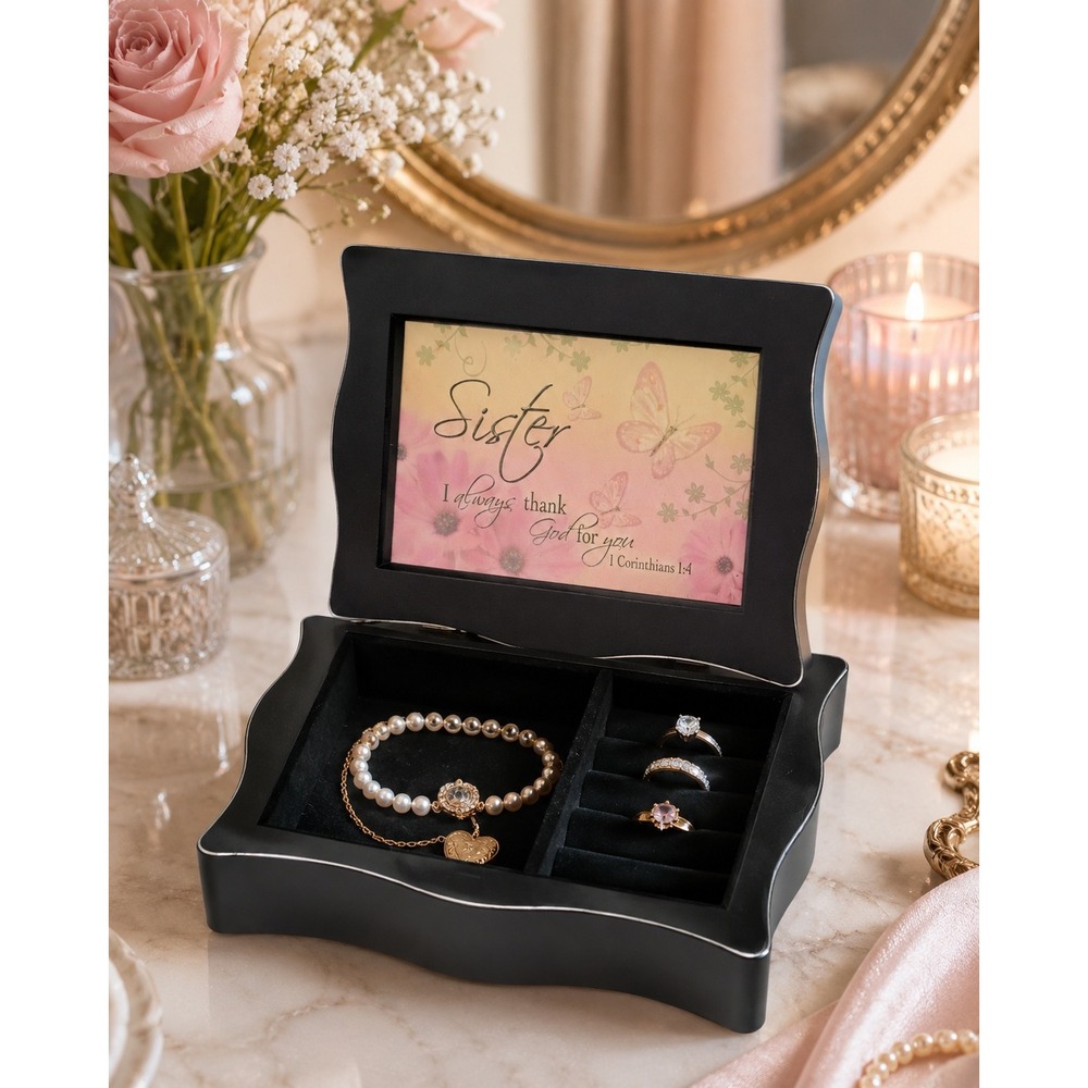 Cottage Garden Sister Black Jewelry Music Box 1 Corinthians 1:4 Photo Frame